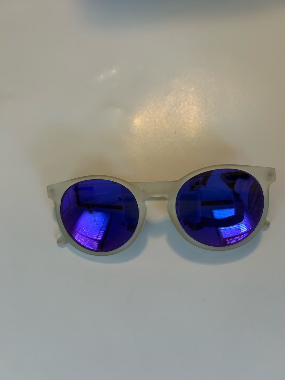 Round Frosted White Sunglasses with Blue Mirrored Lenses - Women